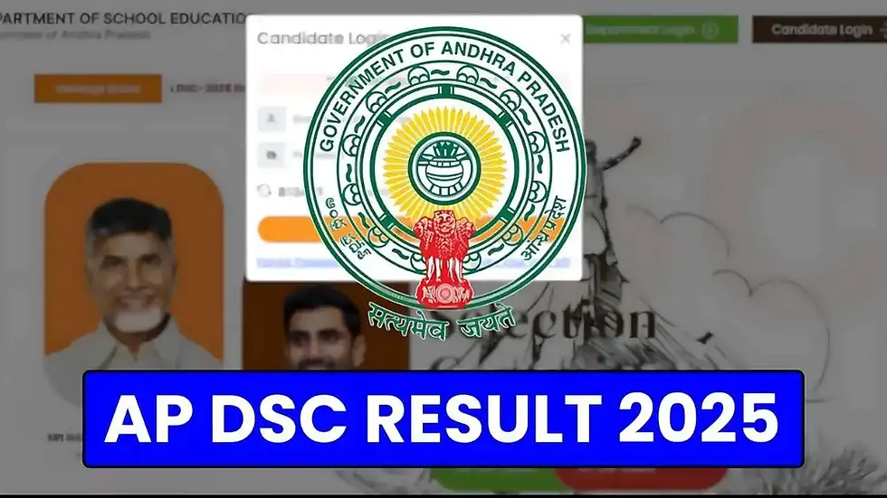 Seal of Andhra Pradesh over blurred portraits and login screen. Bold blue text reads "AP DSC RESULT 2025" at the bottom.