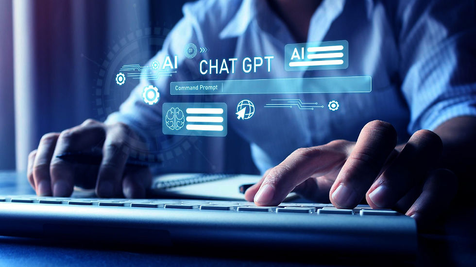 Hands typing on a keyboard with floating digital text "AI" and "CHAT GPT" above in a dark, tech-themed setting. Blue hues dominate.