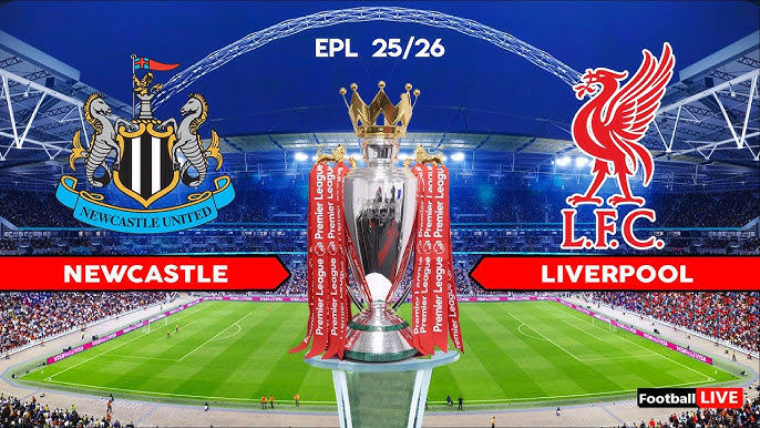 Premier League trophy between Newcastle and Liverpool logos in a stadium, titled "EPL 25/26." Bright lights and full stands set the scene.