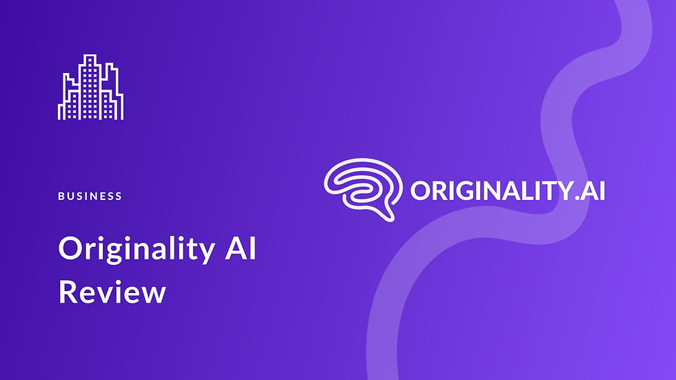 Purple backdrop with "Originality AI Review" text, building icon, brain logo, and "Originality.AI" text. Professional and sleek design.
