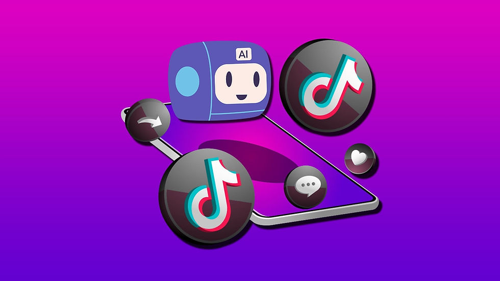 AI robot and TikTok icons float over a purple gradient background with arrows, chat bubbles, and hearts, suggesting connectivity.