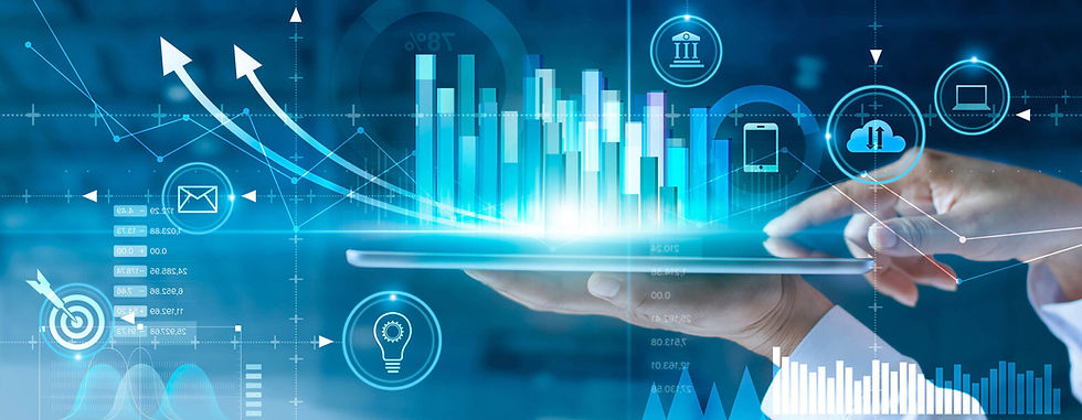 Hands hold a tablet with data graphs and icons overlaying. Blue tech-themed background with upward arrows and tech symbols.