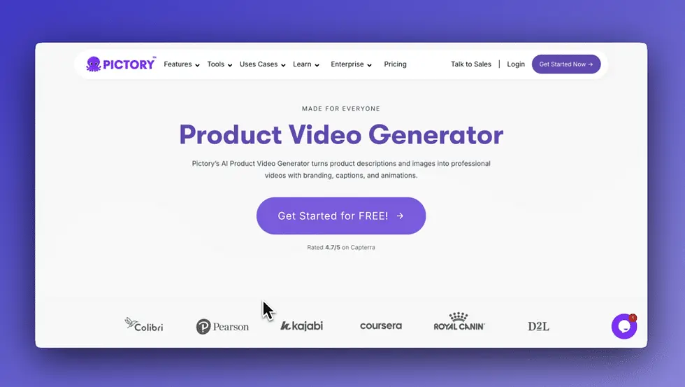 Website page for "Pictory Product Video Generator" with "Get Started for Free" button, logos below, purple theme, and rating 4.7/5.