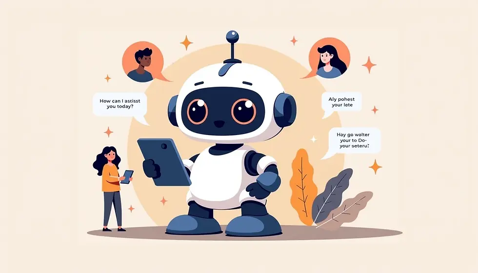 A cute robot with a tablet interacts with a woman. Speech bubbles show messages. Orange leaves and people icons in the background.