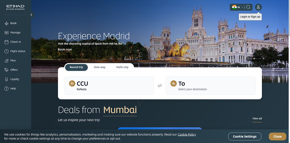 Etihad website showing Madrid cityscape, flight booking options from Kolkata to a chosen destination, and deals from Mumbai.