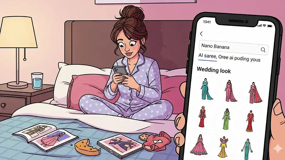 Woman in polka-dot pajamas sits on bed, smiling at phone. Phone shows wedding outfits. Comics and cookies on blanket. Cozy room.