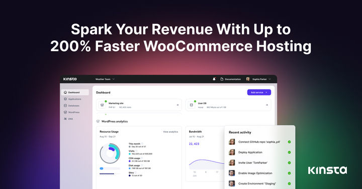 Web interface with analytics and recent activity shown on a gradient background. Text reads "Spark Your Revenue With Up to 200% Faster WooCommerce Hosting".