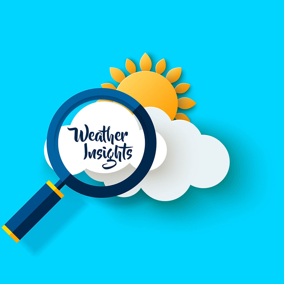 Magnifying glass over a cloud with the text "Weather Insights." A sun is partially visible in the background, set against a blue sky.