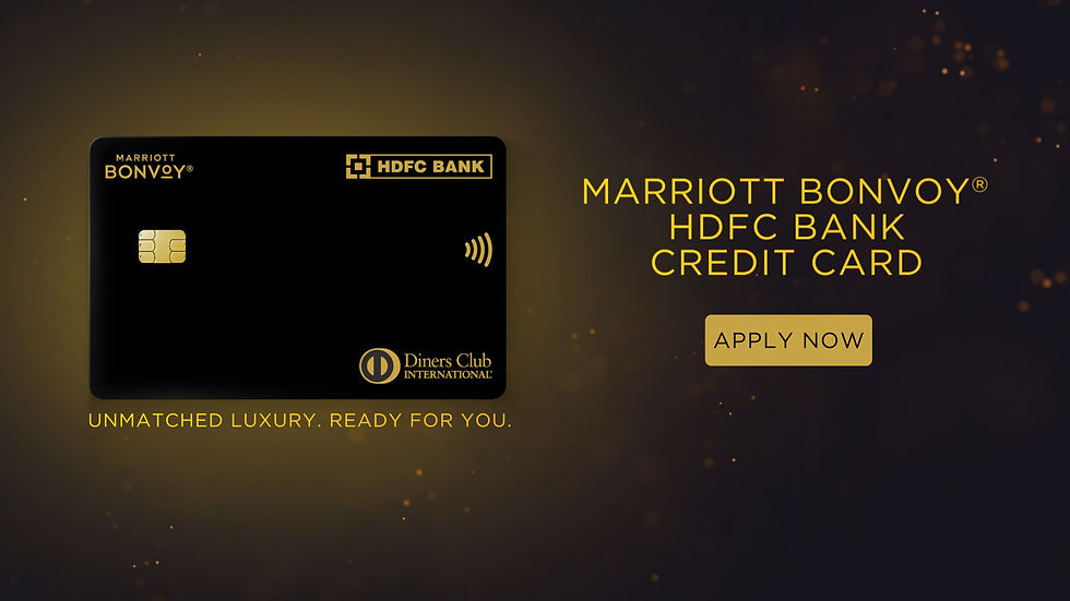 Black credit card with gold text "Marriott Bonvoy HDFC Bank." Text reads "Unmatched luxury. Ready for you." Button: "Apply Now." Dark background.