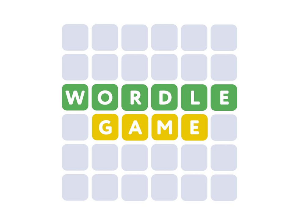 Grid with letters spelling "WORDLE GAME" in green and yellow tiles on a white background, resembling a word puzzle.