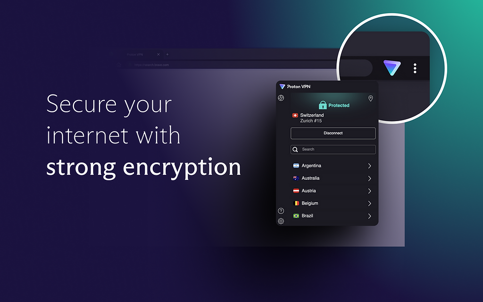 VPN interface showing connection to Zurich with dropdown options. Text reads "Secure your internet with strong encryption" on dark background.