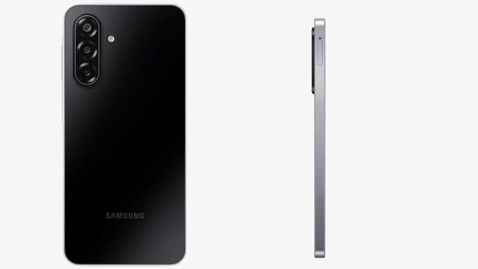 Black Samsung smartphone with triple camera on the back, shown from rear and side angles against a white background. Branding visible.