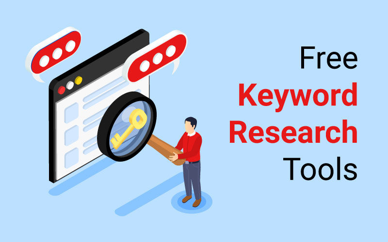 Person with magnifying glass examines screen with key icon. Text reads "Free Keyword Research Tools" on blue background.