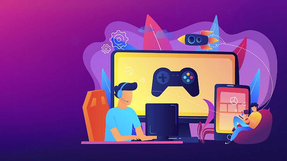 Person at a desk gaming on a PC, surrounded by vibrant graphics of a controller and rocket against a purple background. Another person with a mobile nearby.