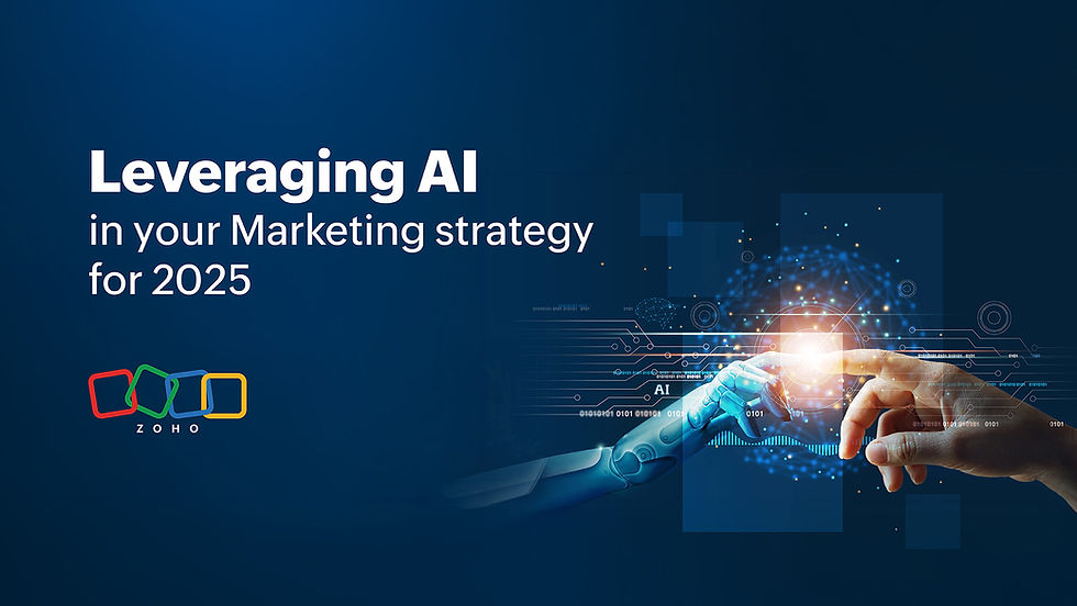 A human hand and a robotic hand touch fingertips, with digital graphics. Text: Leveraging AI in your Marketing strategy for 2025.