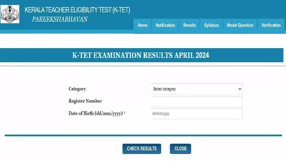 A computer screen displaying the Kerala KTET Result 2024 webpage, with options to enter registration details and view results for various teaching categories in Kerala.