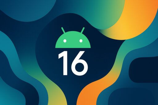 Android 16 logo on a dark abstract background with flowing green, blue, and orange waves, creating a modern and dynamic feel.