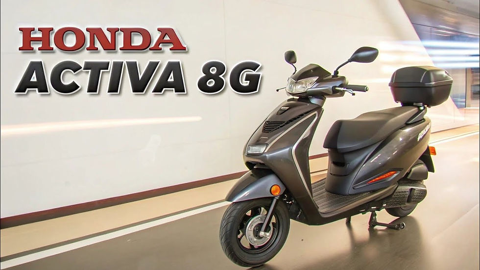 Gray Honda Activa 8G scooter in a modern, well-lit showroom. Bold text above reads "HONDA ACTIVA 8G". Sleek and futuristic vibe.