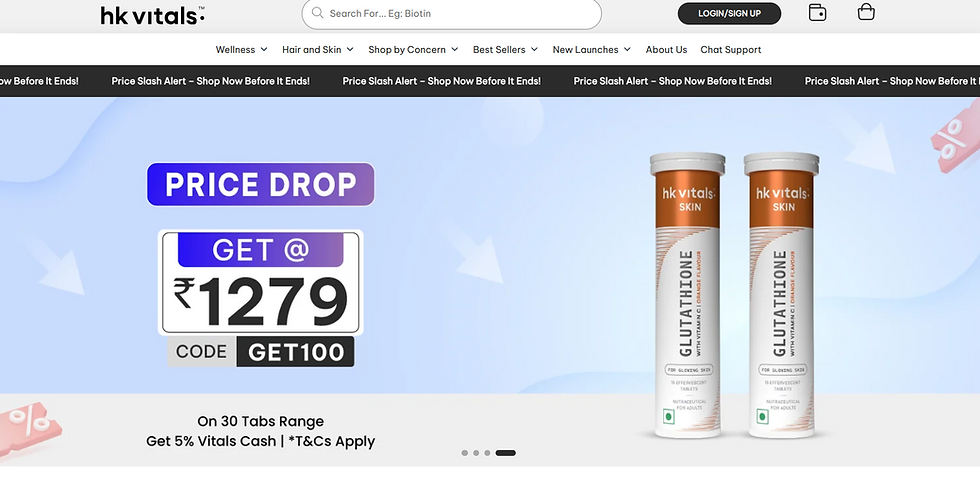 Price drop on hk vitals glutathione tablets shown. Offer: ₹1279 with code GET100. Blue background with arrows and percentage icons.