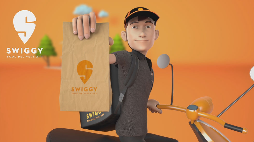 Delivery rider on orange scooter, holding a Swiggy bag with logo. Orange background with tree and cloud. Text: Swiggy Food Delivery App.