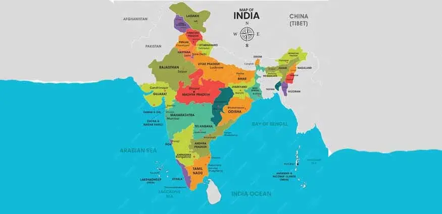 Colorful political map of India with state names. Borders are defined, seas are labeled. Compass rose in upper section.