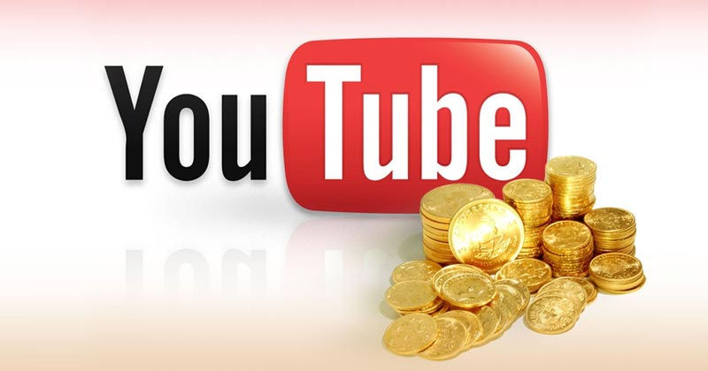 YouTube logo beside stacks of gold coins on a gradient background, suggesting wealth or monetization.