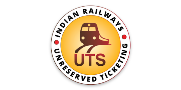 Circular logo with a brown train on a yellow background. Text reads "Indian Railways Unreserved Ticketing" and "UTS" below.