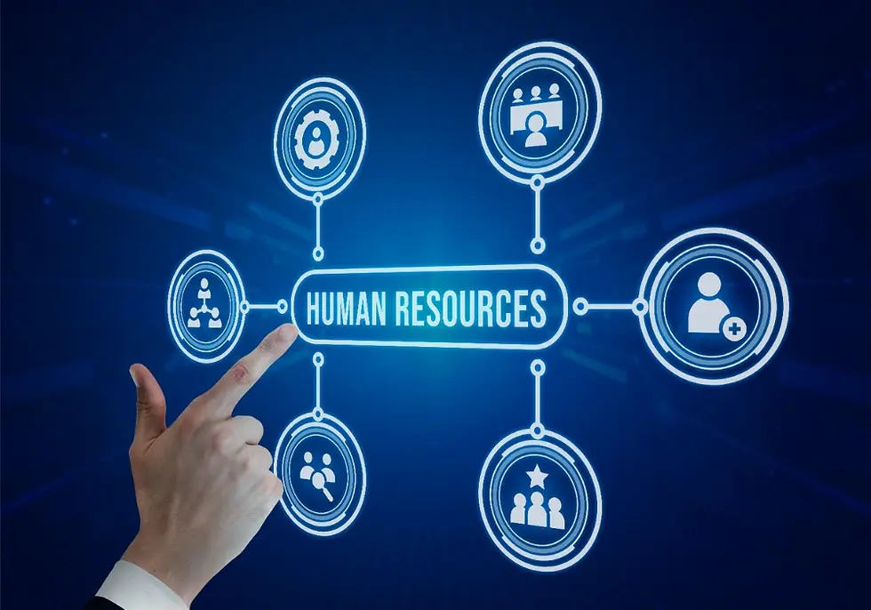 Hand pointing at digital "Human Resources" diagram with icons on a blue background, representing HR concepts in a futuristic style.