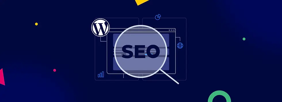 Magnifying glass over "SEO" on a dark blue background with WordPress logo, colorful dots, and icons of graphs and a globe.