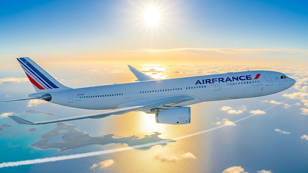 Airplane with "Air France" logo flying above clouds and ocean at sunset. Sunlight illuminates the sky, creating a serene and warm mood.