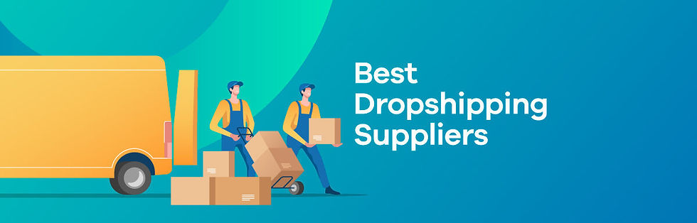 Two figures load boxes into a yellow van. Blue gradient background with text: "Best Dropshipping Suppliers." Professional and efficient mood.