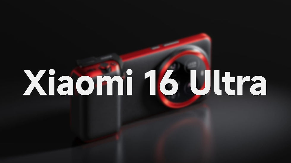 A black and red smartphone with camera is set against a dark background. Bold white text reads "Xiaomi 16 Ultra." Mood is sleek and modern.