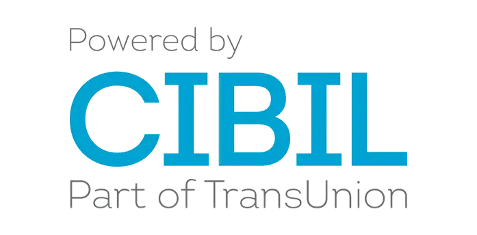 Text logo reading "Powered by CIBIL, Part of TransUnion" in blue and gray. Background fades from light to dark blue, modern and corporate feel.