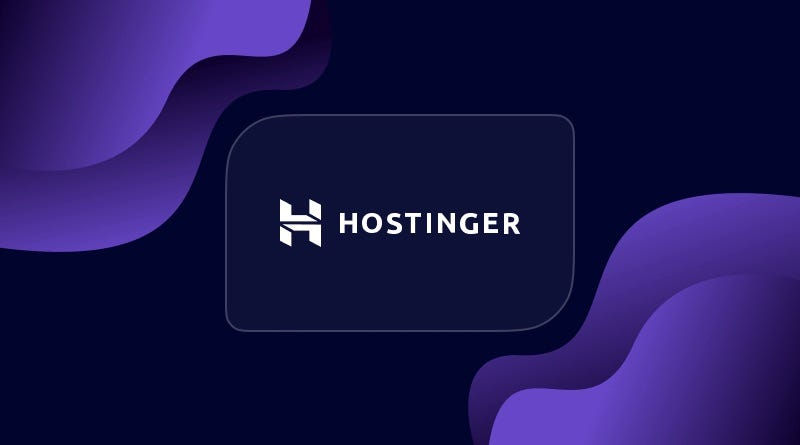 Hostinger logo on a dark background with flowing purple waves. Bold font and abstract shapes create a modern, tech-focused vibe.