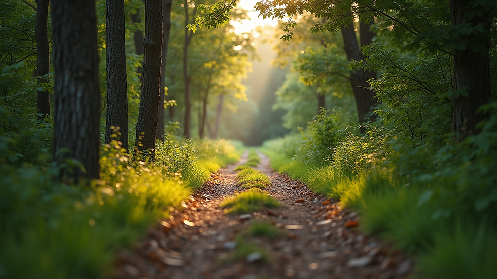 Eye-level view of a serene nature trail surrounded by trees