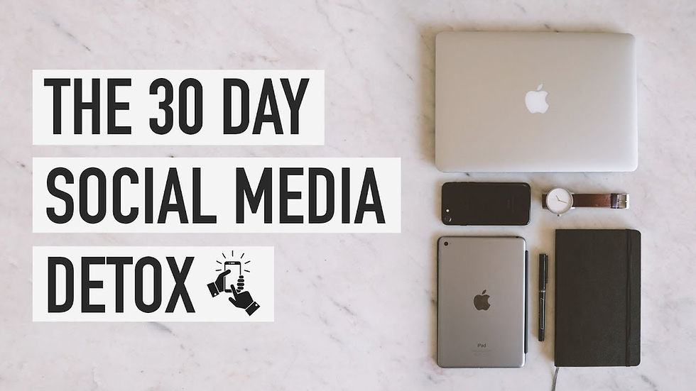 Laptop, phone, tablet, watch, pen, and notebook on marble. Text: "The 30 Day Social Media Detox" with phone icon. Minimalist theme.