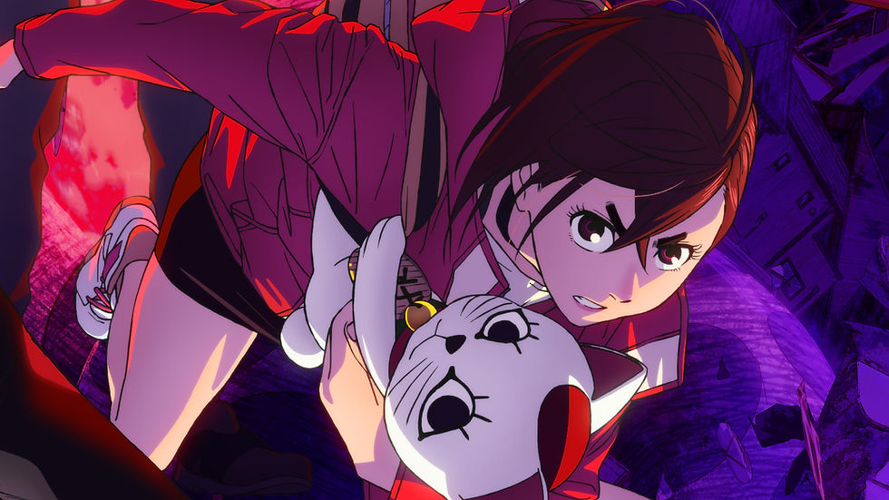 Anime character in red jacket, determined expression, holding a maneki-neko toy. Purple and red abstract background. Energy and action.