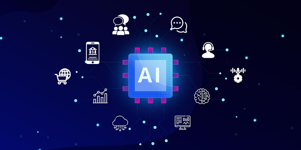 AI chip with icons of people, smartphone, chart, and cloud around it on a dark blue background, symbolizing technology connections.
