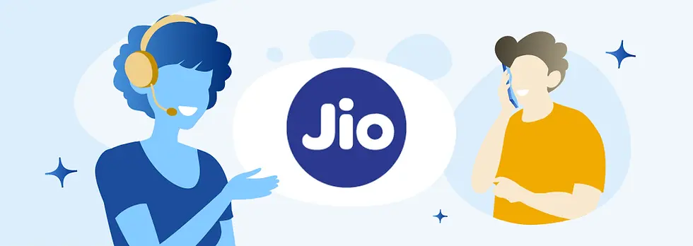 Person with a headset gesturing and another person on a phone. Jio logo centered. Blue and orange tones with stars on a light background.