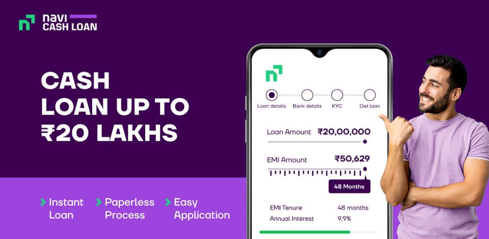 Man smiling and pointing at a phone screen, promoting a cash loan up to ₹20 lakhs. Purple background with text on instant, paperless loans.