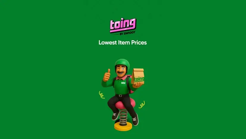 Cartoon delivery man in green uniform sits on a spring chair, holding a bag. Text reads "toing by Swiggy" and "Lowest Item Prices" on green.