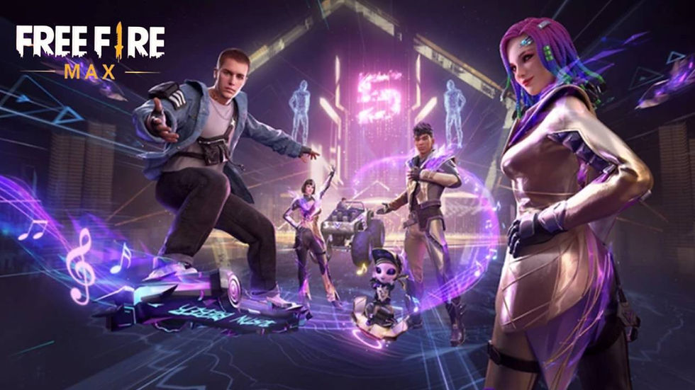Futuristic scene with characters in dynamic poses, purple neon lights, and a glowing "5." Text reads "Free Fire Max." Energetic and vibrant mood.