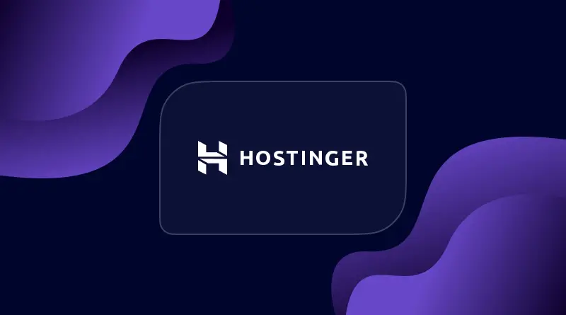 Stylized Hostinger logo centered on dark blue background with flowing purple wave patterns. Bold, modern design.