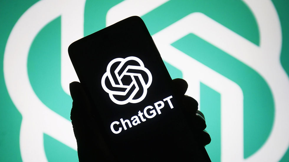 Silhouette holding phone with ChatGPT logo. Background has teal and white pattern. Text "ChatGPT" is visible, tech-focused mood.