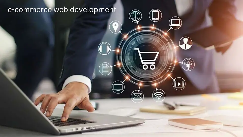 Businessman types on laptop; digital shopping cart with icons displayed. Text: "e-commerce web development." Modern, tech setting.