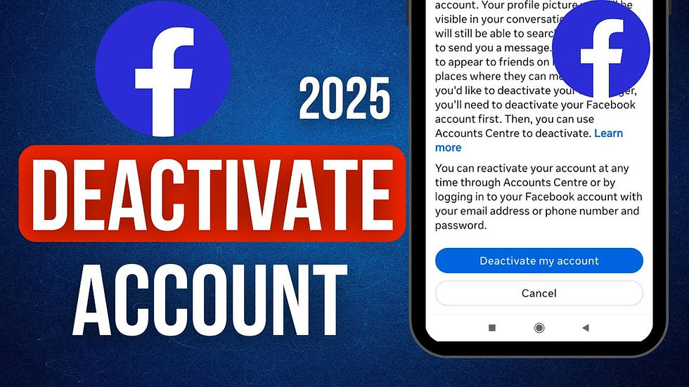 Blue Facebook logo with "2025 DEACTIVATE ACCOUNT" in bold white and red text. Smartphone screen shows deactivation instructions.
