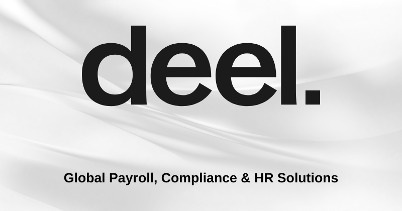 Black text "deel." with tagline "Global Payroll, Compliance & HR Solutions" on a smooth, white background.