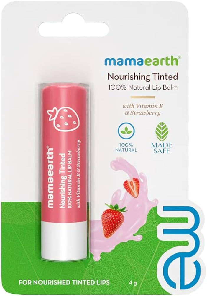 A collection of Mamaearth Tinted Lip Balms arranged neatly, featuring variants like Strawberry, Rose, and Beetroot. The packaging highlights natural ingredients such as Vitamin E and shea butter, offering 12-hour hydration and soft, supple lips.
