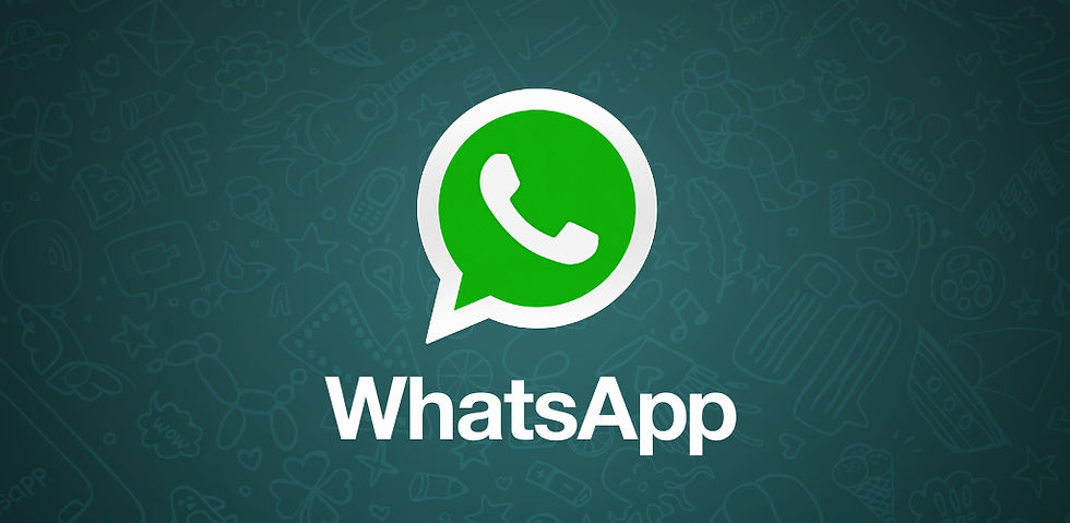 WhatsApp logo centered on a green background with doodle illustrations. Bold white text below reads "WhatsApp."