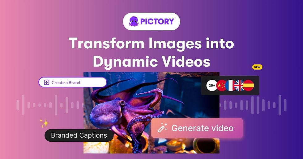 Octopus on a vibrant pink-purple background with text "Transform Images into Dynamic Videos." Buttons say "Create a Brand" and "Generate video."